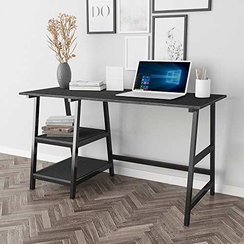 Trestle Desk With 2 Shelves, Soges Home Office Storage Desk With Hutch, 55 Inches Computer Desk Workstation, Student Desk Wooden School Desk, Black #TOP4