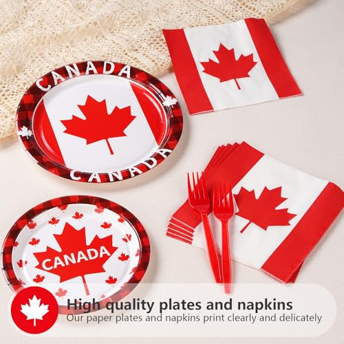 Image of Grencian 96Pcs Canadian Flag Party Supplies Canada Day Party Plates and Napkins Red White Maple Leaves Tableware Sets Canada Birthay Decorations Favors for Anniversary Family Gathering Serves 24