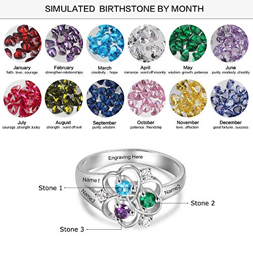 Lovejewelry Personalized 925 Sterling Silver Mothers Rings with 3 Simulated Birthstones 3 Names Custom Flower Promise Ring Engraved Heart Rings for Women2