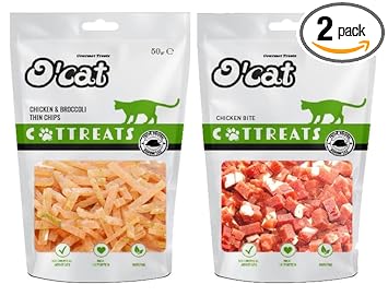 O'Cat Chicken and Broccoli Thin Chips 50 GMS + O'Cat Chicken and Bite 50 GMS Treats for Cats & Kitten | Dental & Training Cat Treats.