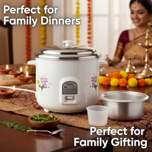 Image of easy Electric Rice Cooker (2.8L) with Tadka Pan & 2 Stainless Steel Pots - 1000W Automatic Cook, Steam & Warm - Floral Design - Ideal for Rice, Biryani, Dal Tempering & Steaming