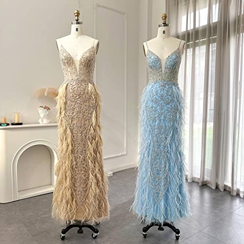 Mbeta Luxury Feathers Mermaid Champagne Evening Dresses For Women Wedding Spaghetti Straps Prom Formal Gowns #TOP3