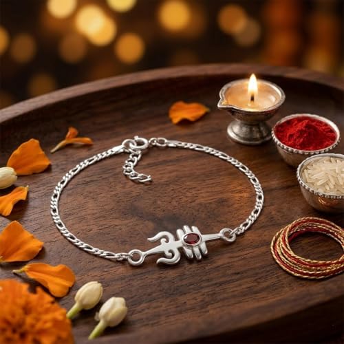 Image of Parnika 925 Pure 92.5 Sterling Silver Om Trishul Tripund Rudraksh Rakhi Bracelet for Brother | Hallmarked Silver Raksha Bandhan Rakhi | Premium Adjustable Rakhi Gift