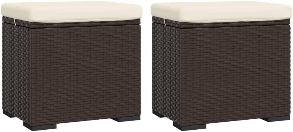 vidaXL Sturdy Outdoor Ottoman with Cushions 2 pcs Set - Brown Poly Rattan with Cream White Fabric Cushions - 15.7"x11.8"x15.7" Size