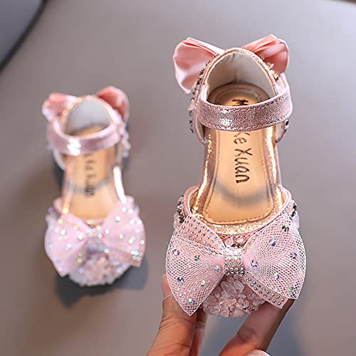 Girls White Dress Shoes Fashion Spring and Summer Girls Sandals Dress Performance Dance Shoes Mesh Pearl Rhinestone Bow (Pink-b, 9.5 Toddler)2
