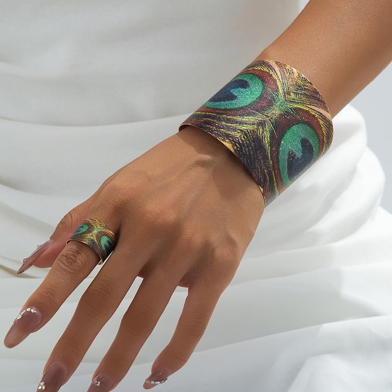 Peacock Tail Feather Wide Cuff Bangle Bracelet Finger Ring Vintage Jewelry Set Chunky Fashion Boho Frosted Animal Adjustable Open Knuckle Band Rings Statement Gifts for Women Mom image 3