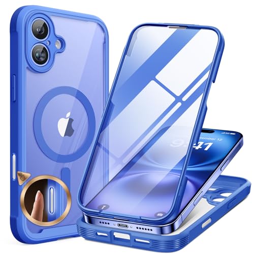 Image of Miracase for iPhone 16 Case 6.1'', [Bubble Free] Full-Body Bumper Phone case with Built-in Full Glass Screen &Lens Protector,No Gap,Compatible with MagSafe,Drop Proof 16 Cover,Blue