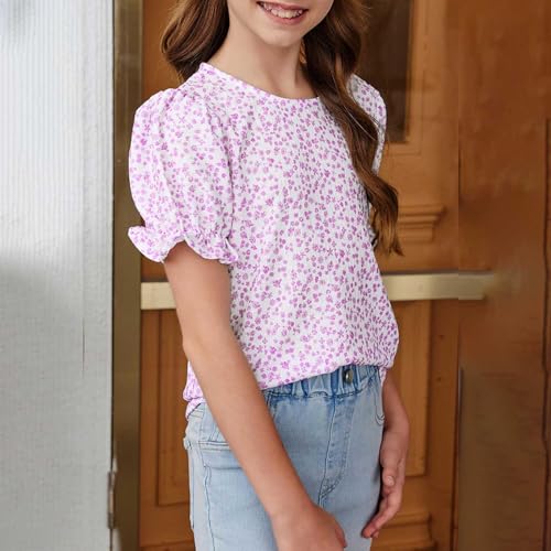 Girls Boho Floral Puff Sleeve Shirts Cotton Linen Blouses Breathable Loose Fit Tops Cottagecore Tunic Blouses Cute Tees4