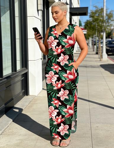Image of UOUA Women Summer Maxi Dresses Plus Size Casual Hawaiian Sundress Sleeveless Loose Split Beach Dress with Pockets