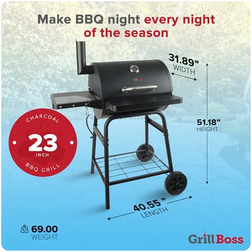 Image of Grill Boss 23 Inch Charcoal Barrel Grill with Adjustable Grate, Large Cooking Area, Black
