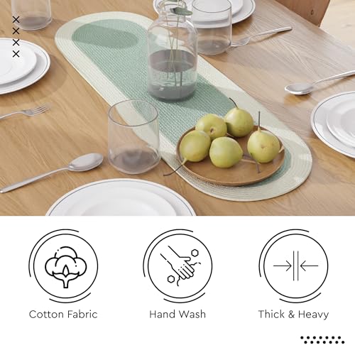 Image of Encasa XO Table Runner for 4 Seater | Handmade Ribbed Style Cotton | 30x91 cm | Sage & Off White | for Dining & Center Table