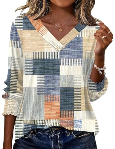 Rapbin Damen Bluse 3/4 Arm Shirt V-Ausschnitt Tunika T-Shirt Sommer Elegant Casual Oberteil mit Knopfleiste 2026 Dunkles Karomuster L