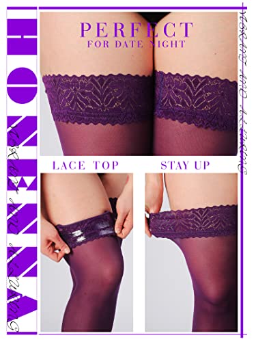 Image of HONENNA Plus Size Thigh High Stockings, Semi Sheer Stay Up Lingerie Lace Top Pantyhose for Curvy Women