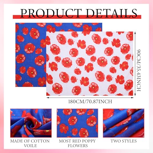 Cozypower 2 Pcs Veterans Day Red Poppy Flower Scarfs for Women Memorial Day Florals Shawl Wraps Lightweight Sheer Floral Scarf Poppy Flower Gifts Long Scarfs for Women Men Veterans Gift2