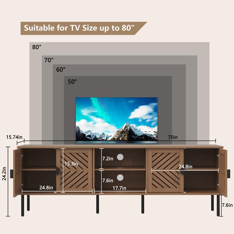Image of ARTPOWER 70 inch TV Stands, Entertainment Center with Storage, Natural Oak