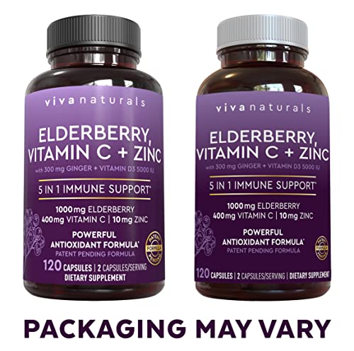 Viva Naturals Sambucus Elderberry With Vitamin C, Zinc, Vitamin D3 5000 Iu & Ginger (120 Capsules) - Antioxidant & Immune Support Supplement, 2 Month Supply - 5 In 1 Black Elderberry For Adults #TOP7