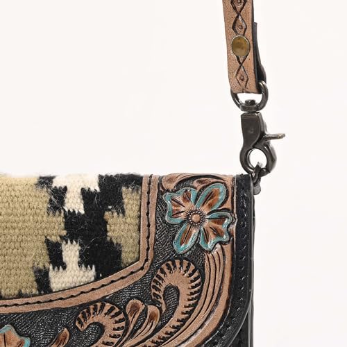 Western Crossbody Purse for Women – Tooled Leather Flap Shoulder Bag with Floral Design & Woven Aztec Pattern – Small Handmade Boho Satchel with Adjustable Strap3