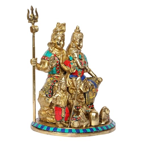 Image of Kartique Brass Shiv Parivar Statue with Multicolored Stonework, 9-Inch Tall, Ideal for Home Decor and Pooja Rooms, Beautifully Crafted Shiva Family Idol