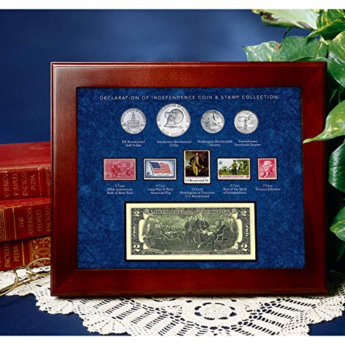 American Coin Treasures Wood Box Declaration of Independence Coin and Stamp Set| Genuine United States Currency | Mint Postage Stamps |Americana Collectible | Certificate of Authenticity