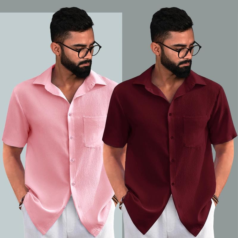Image of Tee Projekt Solid Shirt for Men's ||Pop corn Shirt|| Solid Shirt for Men's|| Casual Shirt for Men||Half Sleeve Spread Collar Shirt for Men|| Pack of-2