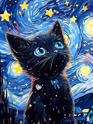 Image of SANYUN Cat Diamond Art Kits for Adults,Starry Night Diamond Painting Kits, Animals Paint by Diamonds Pictures for Beginners Teenagers,Perfect for Home Office Decor 12x16 inch