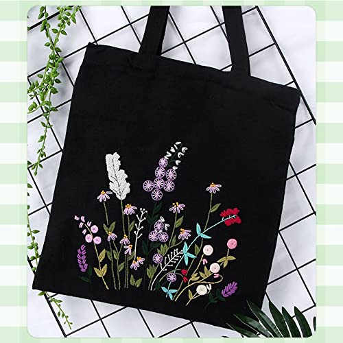 Image of WADORN DIY Canvas Tote Bag Embroidery Kit, Black Personalized Canvas Bag Kit Flower Cross Stitch Kit with Pattern DIY Crafts Embroidery Starter Kit Women Handicrafts Gift for Valentine's Day