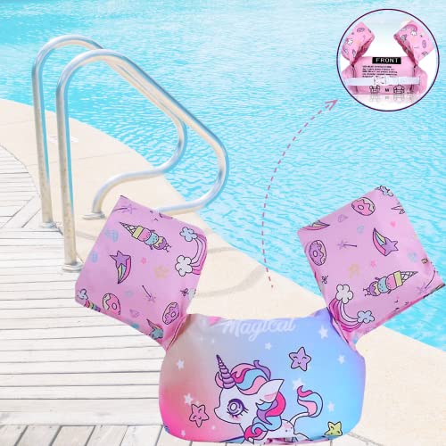 AMSH Swim Arm Compatible Vest with Cute Pink Unicorn Design Swimming Pool Floats Sleeve Wearable Water Device Lifejacket for Summer Outdoor Activities Beach Sports Training Safety Equipment Floater
