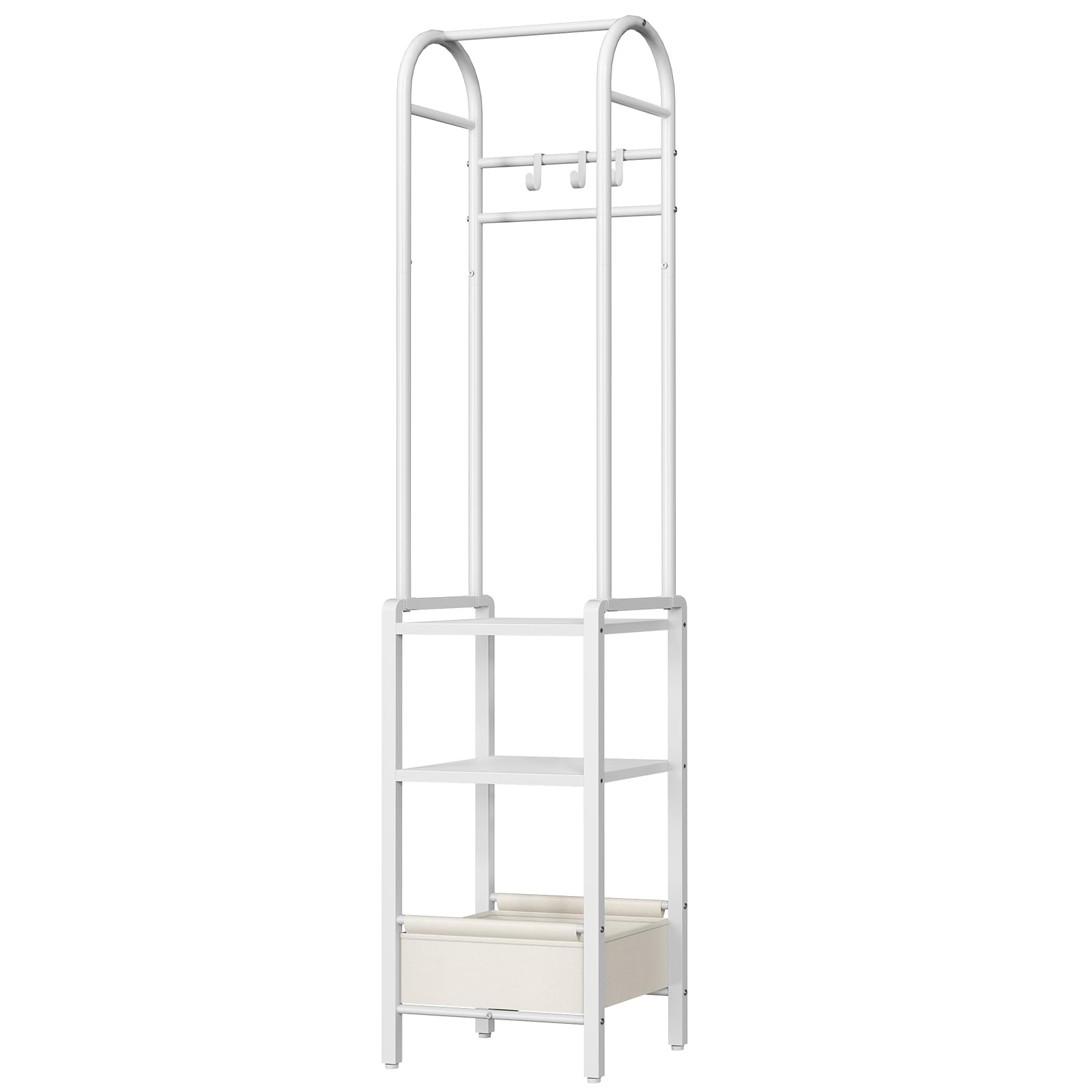 HOOBRO Portant à Vêtements sur Pied, 40 x 30 x 180,5 cm, avec 2 Étagères de Rangement, 1 Panier en Tissu, 3 Crochets Mobiles et 2 Barres à Vêtements, pour Vestibule, Salon, Couloir, Blanc EWW03YM01