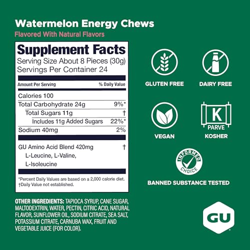 Image of GU Energy Chews, Watermelon Energy Gummies with Electrolytes, Vegan, Gluten-Free, Kosher, Caffeine-Free, and Dairy-Free On-The-Go Energy for Any Workout, 12 Bags (24 Servings Total)