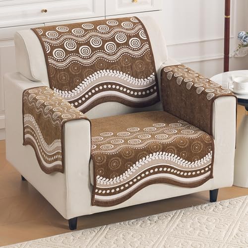 Image of HOKIPO Complete (Seat+Back+Arm) Sofa Mat Set for 1 Seater Sofa |Premium Chenille Sofa Covers with Curve Edges, 'Serene Curves Series' - Flowy Swirl (IN-993+1002+1001 * 2 - D1)