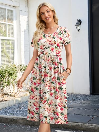 Image of Heymoments Women's Casual Short Sleeve Midi Dress Crewneck A Line Tiered Flowy Loose Travel Long Dresses with Pockets