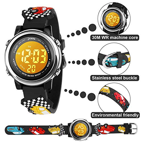 Kids Watch 3D Cartoon Toddler Wrist Digital Watch Waterproof 7 Color Lights with Alarm Stopwatch for 3-10 Year Boys Girls Little Child (Car Black)3