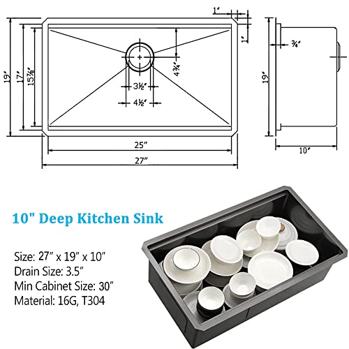 27 Inch Undermount Workstation Sink Black, Boomhoze 27X19 Black Single Bowl Undermount Kitchen Sink 16 Gauge Stainless Steel Kitchen Sink Deep Bar Prep Sink With Accessories #TOP6