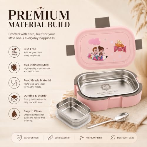 Image of Stainless Steel Lunch Box | Tiffin Box for School Office College | Lunch Box with Spoon & Small Container (Pink 1 Brunch Box)