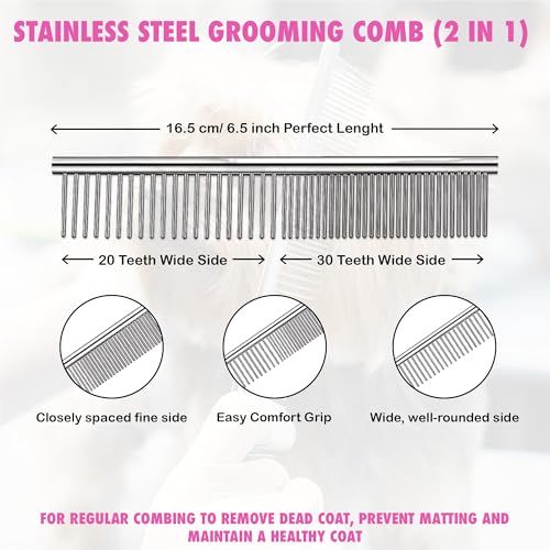 Image of V2 Dog Grooming Shears Set | 6 Piece Stainless Steel Pet Grooming Kit | Straight Up Curved Down Curved Fish Mouth Scissors | 2 in 1 Steel Comb | Anti Tick Flea Spray 100 ml | Carry Bag