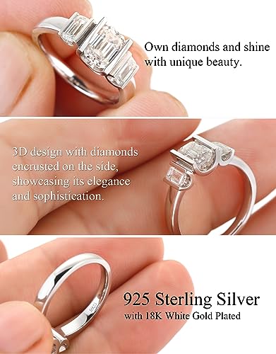 Moissanite Engagement Rings for Women,D Color VVS1 3 Stones Emerald Cut S925 Sterling Silver Plated 18k White Gold Wedding Promise Anniversary Rings for Her3