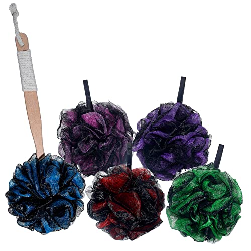 Joewisen Luffa Back Scrubber with Bamboo Charcoal | Lufas For Men & Women | 1 Loofah Sponge with Long Handle wood for Shower & 4 Bath sponge | Body Exfoliating Loofah on a Stick
