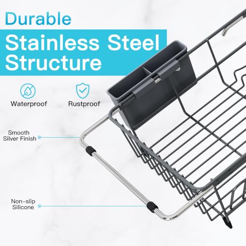 Image of JASIWAY Gray Dish Drying Rack in Sink, Dish Drainer with Utensil Holder