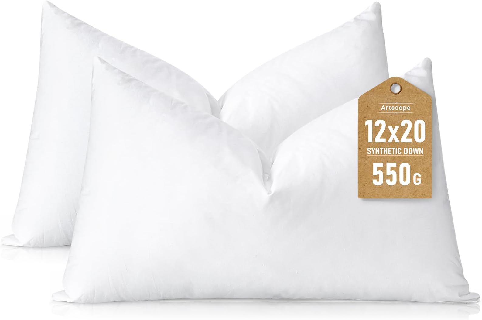 Synthetic Down Lumbar Pillow Insert, 12x20 Down Alternative Throw Pillow Insert. Ultra Soft Fluffy Sleeping Pillow with 100% Cotton Cover, Decorative Pillows Set of 2-White.