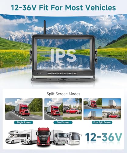 Image of Wireless Backup Camera for RV, 7 inch IPS Monitor Kit+ 2 AHD Rear View Camera Waterproof Night Vision DVR Recording, Wireless Reverse Camera 12V-36V for Truck /Trailer /RV /Camper /Excavator /Caravan
