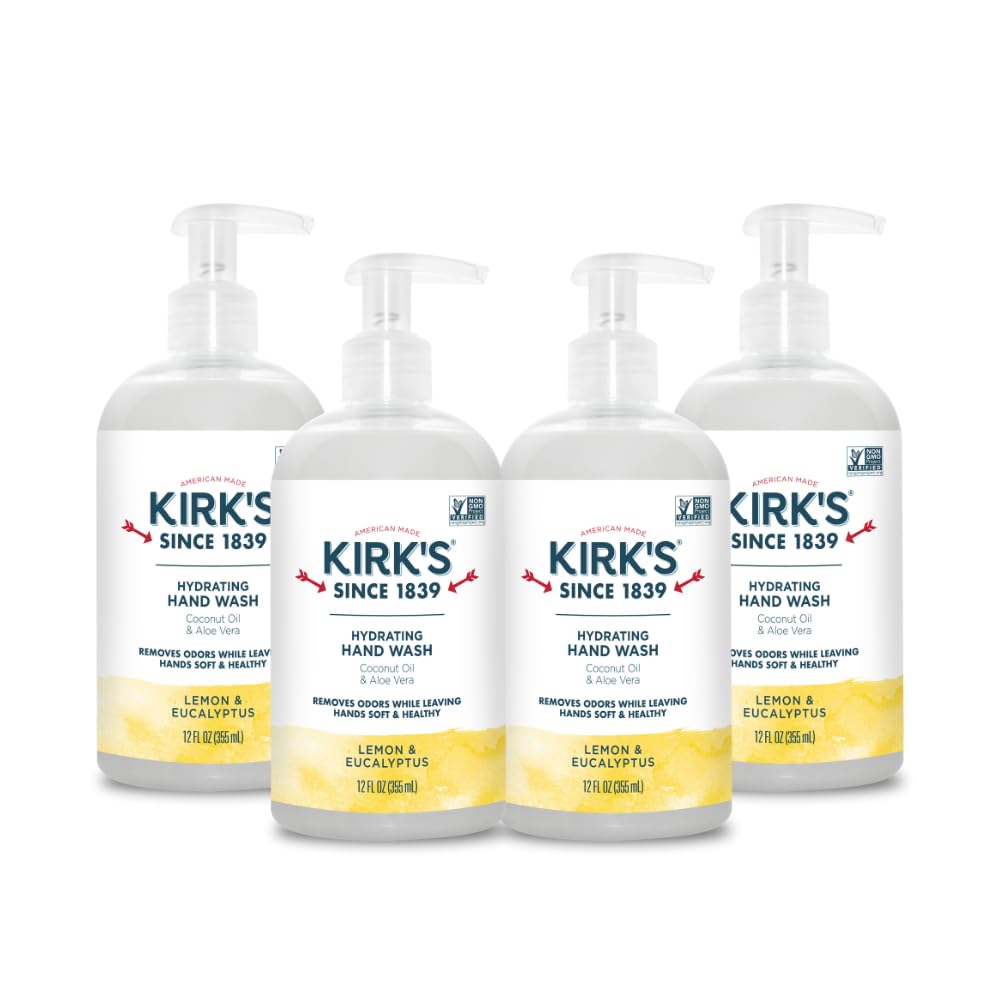 Kirk's Hydrating Hand Wash - Made with Coconut Oil and Aloe Vera, With Odor Neutralizing Technology To Help Eliminate Odors, Non-GMO, Vegan, Lemon & Eucalyptus, 12 Fl Oz. 4 pack