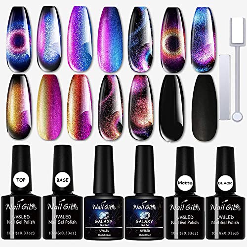 9D Cat Eye Gel Nail Polish Set- Magnetic Nail Gel Polish Chameleon Galaxy Cat Eye Nail Polish, 10ml Matte Base Top Coat Gel with 2Pcs Magnet Stick All-in-One Kit by NAILGIL