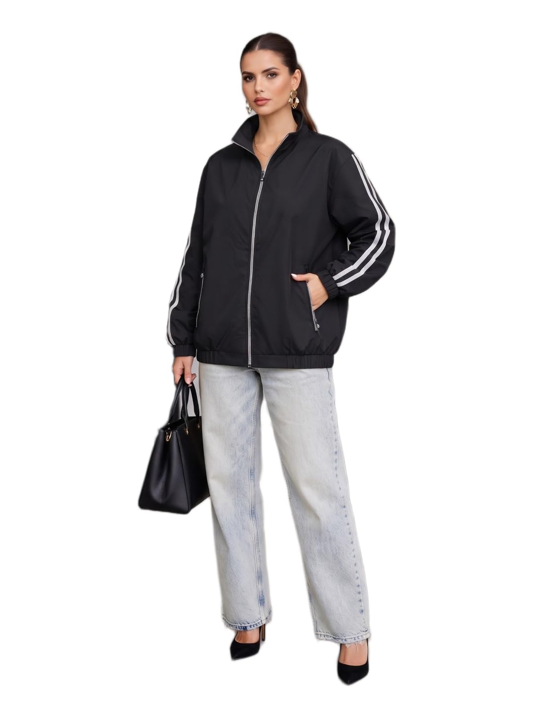 Women's Sporty Windbreaker Jacket, Black-picture-15