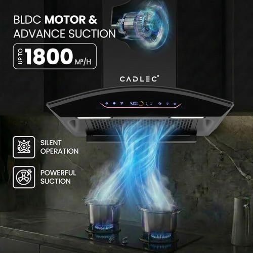 Image of Cadlec CurveFlow 60cm 1800m /hr BLDC Filterless Auto Clean Curved Glass Kitchen Chimney | Built-in Oil Collector | Touch & Gesture Control | Turbo Mode | 20Y Motor & 5Y Comprehensive Warranty | Black