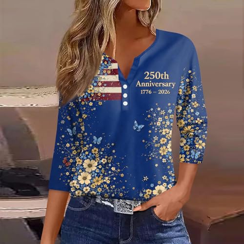 Image of 4th of July Shirts Women 3 /4 Length Sleeve Womens Tops Henley Neck Casual Patriotic T Shirts