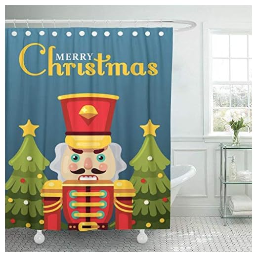 JOOCAR Design duschdraperi, röd firande god jul nötknäppare hälsning platt december grafik, vattentätt tyg badrumsdekor set med krokar