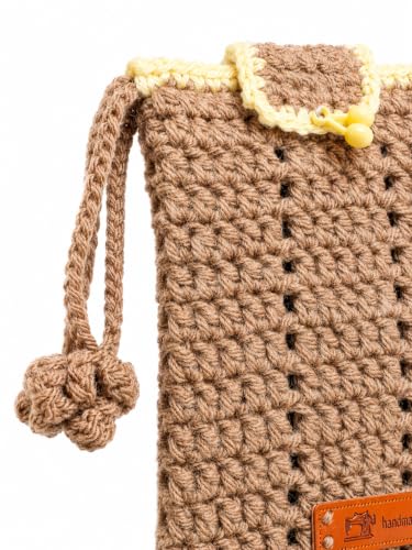 Image of Handmade Crochet Mobile Pouch for Women & Girls | Knitted Phone Holder with Wrist Strap | Cute Floral Aesthetic Mobile Cover Case | Soft Yarn Handmade Gift (Brown)