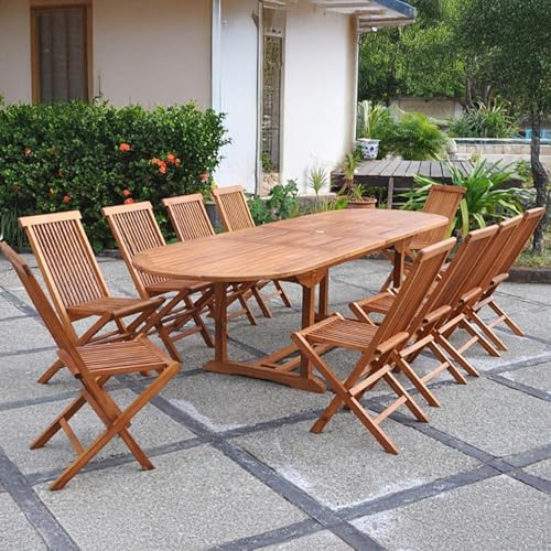 CONCEPT USINE | Salon de Jardin en Teck Huilé | 10 Personnes | Design LUBOK Ovale |Table + 10 Chaises | Durabilité et Elégance | Finitions Laiton | Bois...
