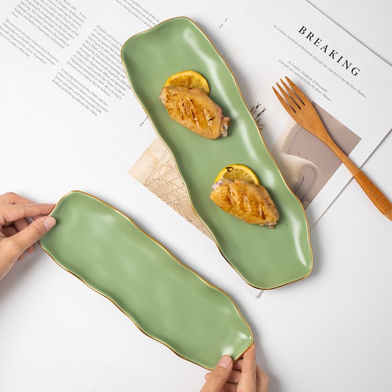 Image of Beyond Homes Ceramic Sushi Serving Tray Set of 3 | 12 Inch Long Rectangular Platter | Microwave & Dishwasher Safe | Modern Appetizer Serving Plates for Snack, Dimsum, Momo, Dessert &, Green