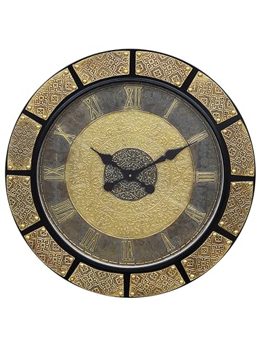 Image of CHRONIKLE Elegance Round Golden Brown Brass Work Wooden Analog Roman Numbers Wall Hanging Clock for Home Office Decor Living Room Bedroom (Size: 60 x 5 x 60 CM | Weight: 5540 Gram)